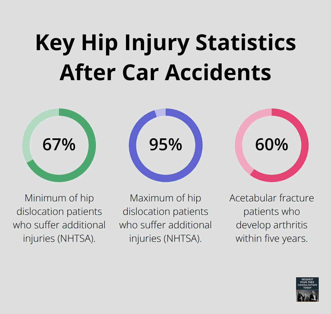 Chart showing key percentages for hip dislocation-related additional injuries and arthritis risk - hip injury from car accident