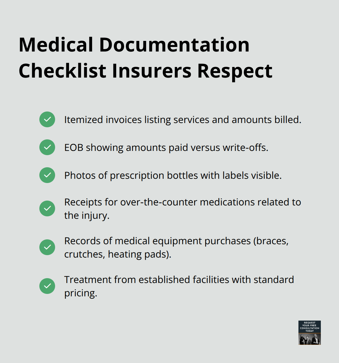 Checklist of key medical records to support an auto injury claim in the U.S.