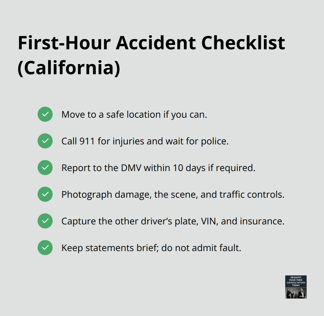 Checklist of immediate steps to take at a California car accident scene to protect your claim. - how to file claim