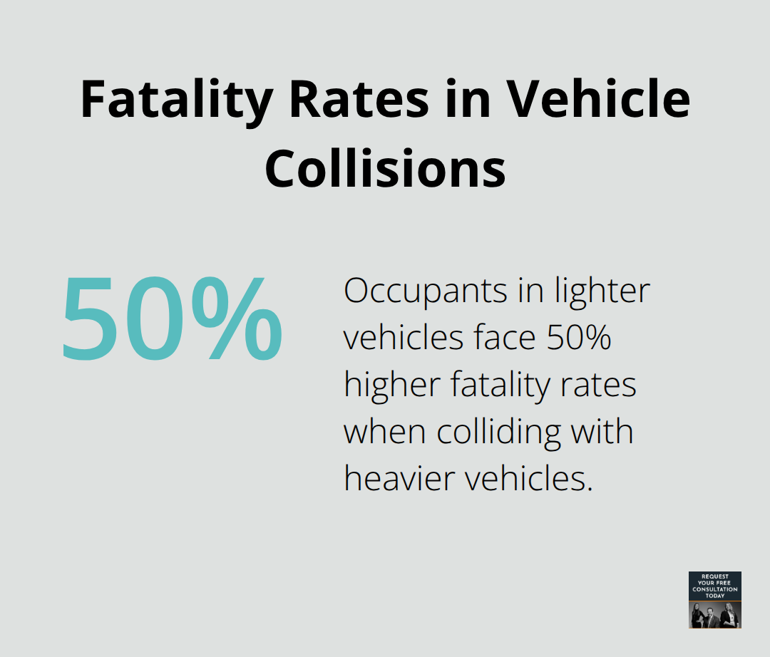 Chart showing 50% higher fatality rates for occupants in lighter vehicles when colliding with heavier vehicles - inertia in car accidents