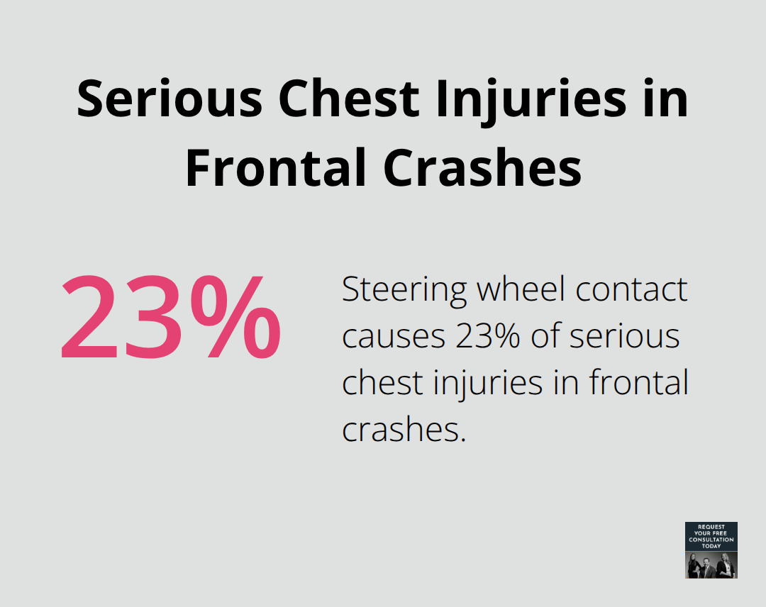 Pie chart showing that 23% of serious chest injuries in frontal crashes are caused by steering wheel contact - injury car accident bruises