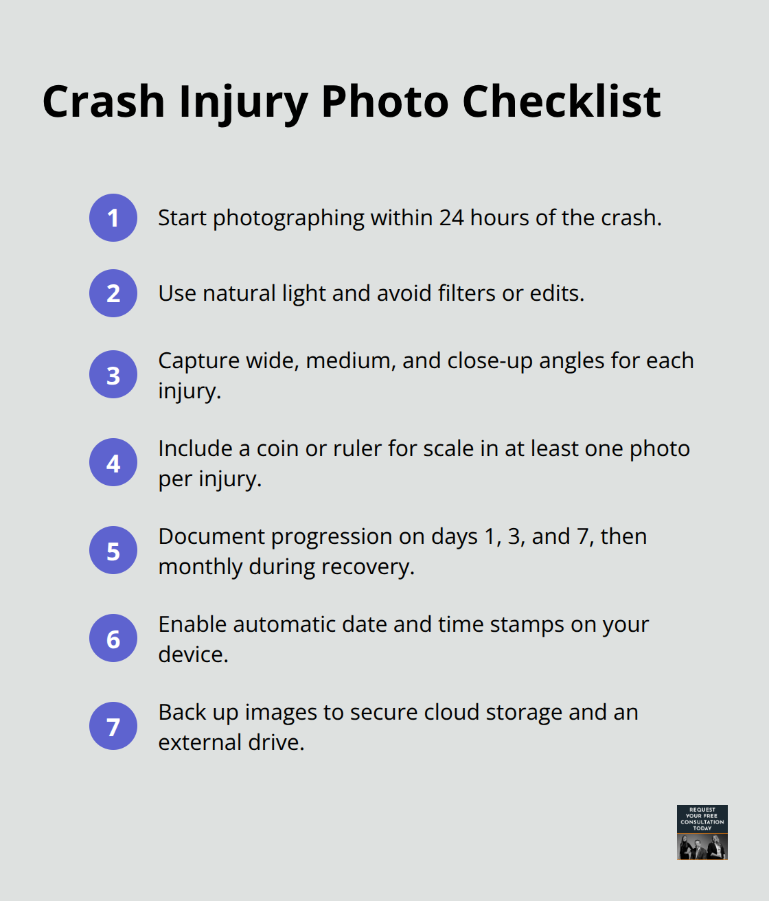 Compact checklist of key steps for photographing crash injuries effectively - Injury documentation after crash