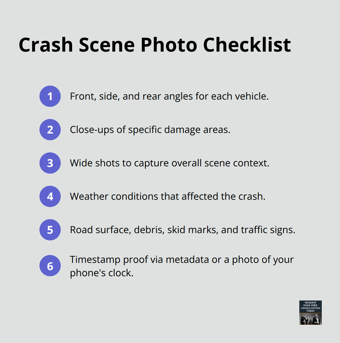 Checklist of essential crash scene photos to capture for your claim. - Injury documentation after crash