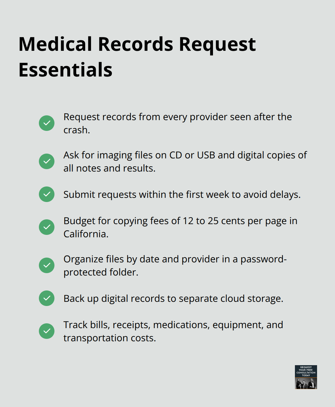 Checklist of what to request and how to organize your post-crash medical records