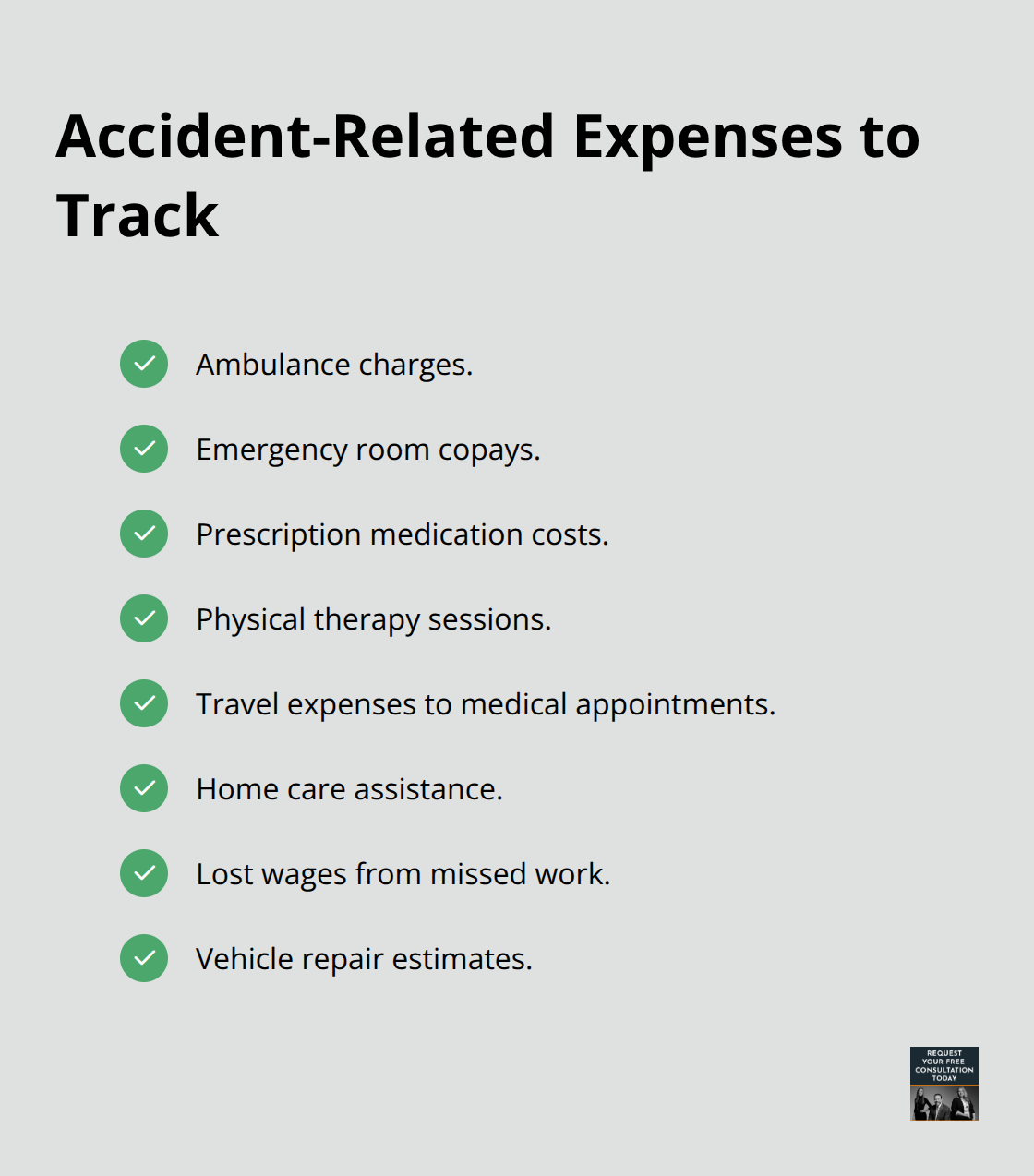 Checklist of common accident-related costs to document for your damages claim. - Injury documentation after crash