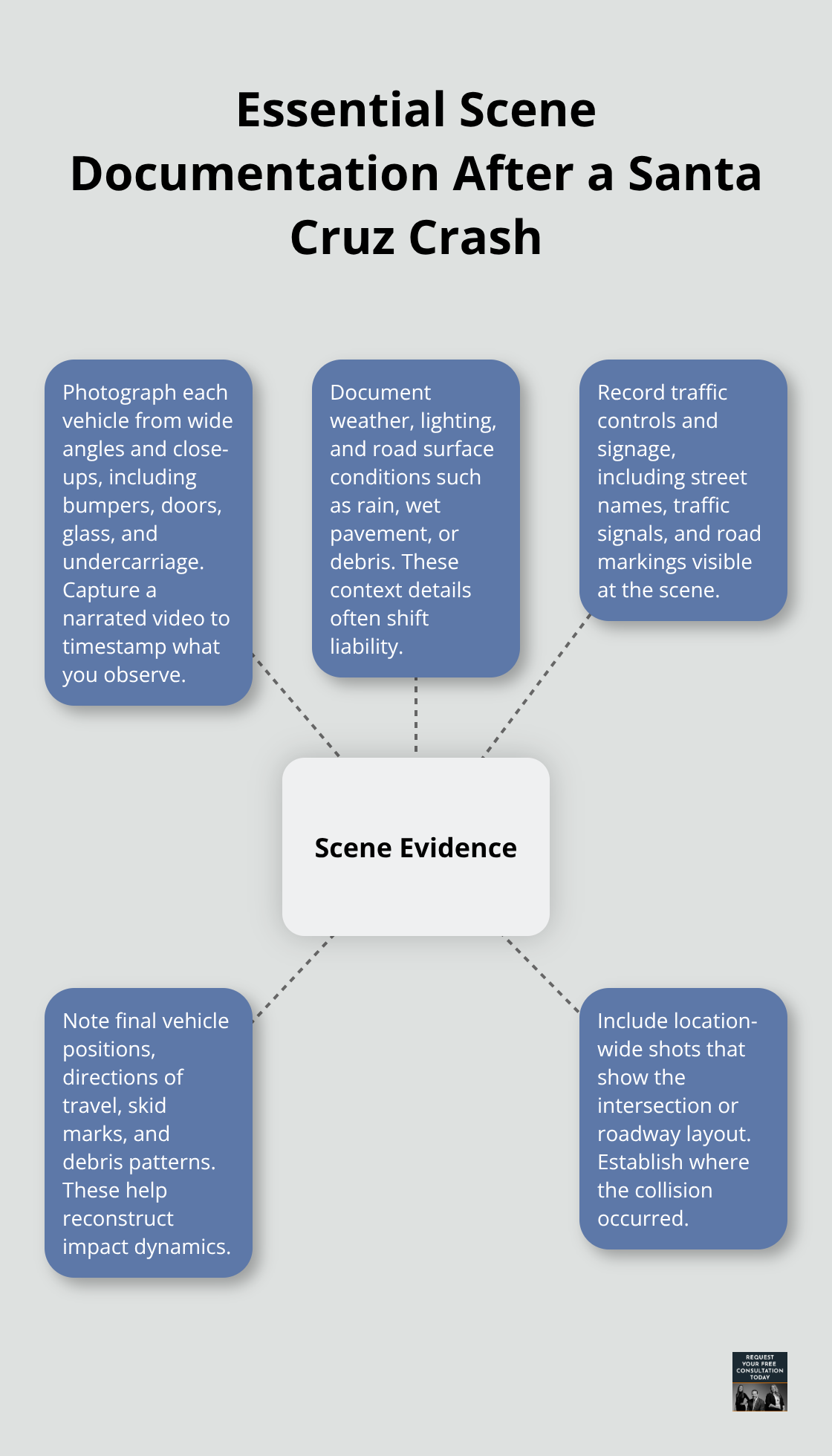 Infographic showing key evidence to capture at a car accident scene in Santa Cruz, California