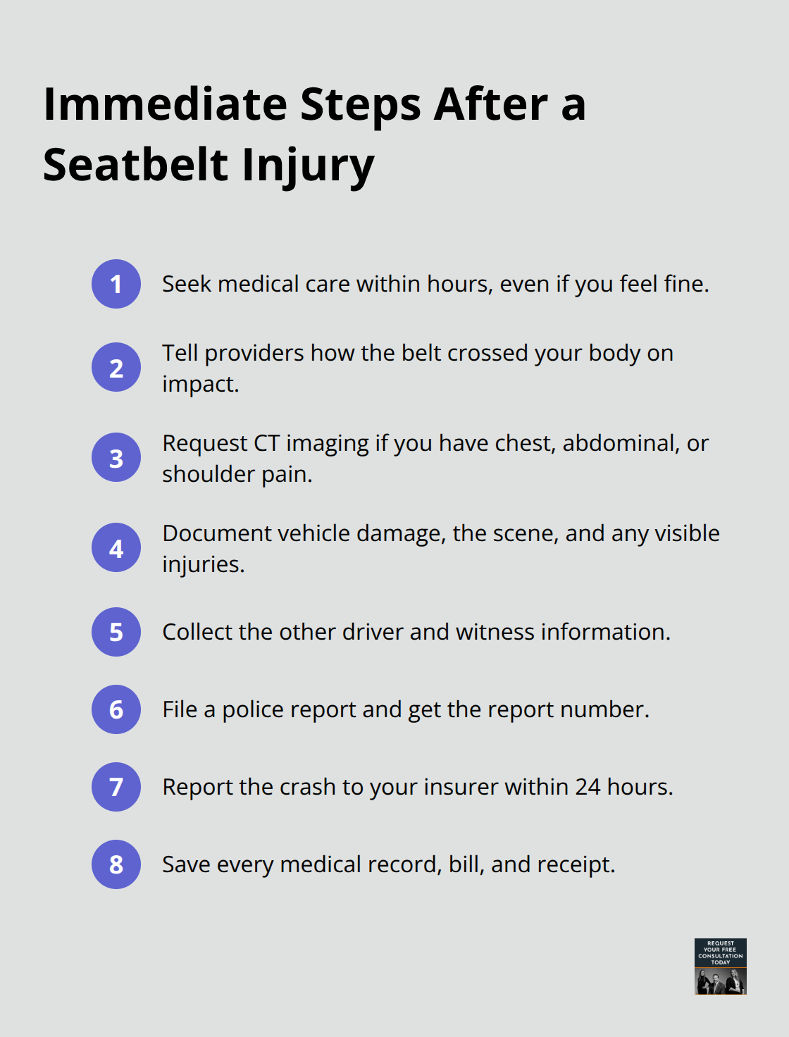 Compact checklist of immediate actions to take after a seatbelt injury - injury from seatbelt in crash