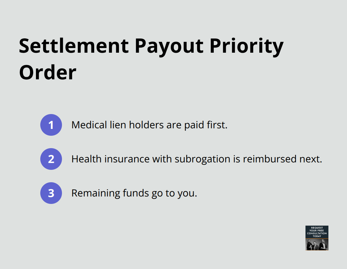 Three-step order showing who is paid from a car accident settlement before you - Injury protection Santa Cruz