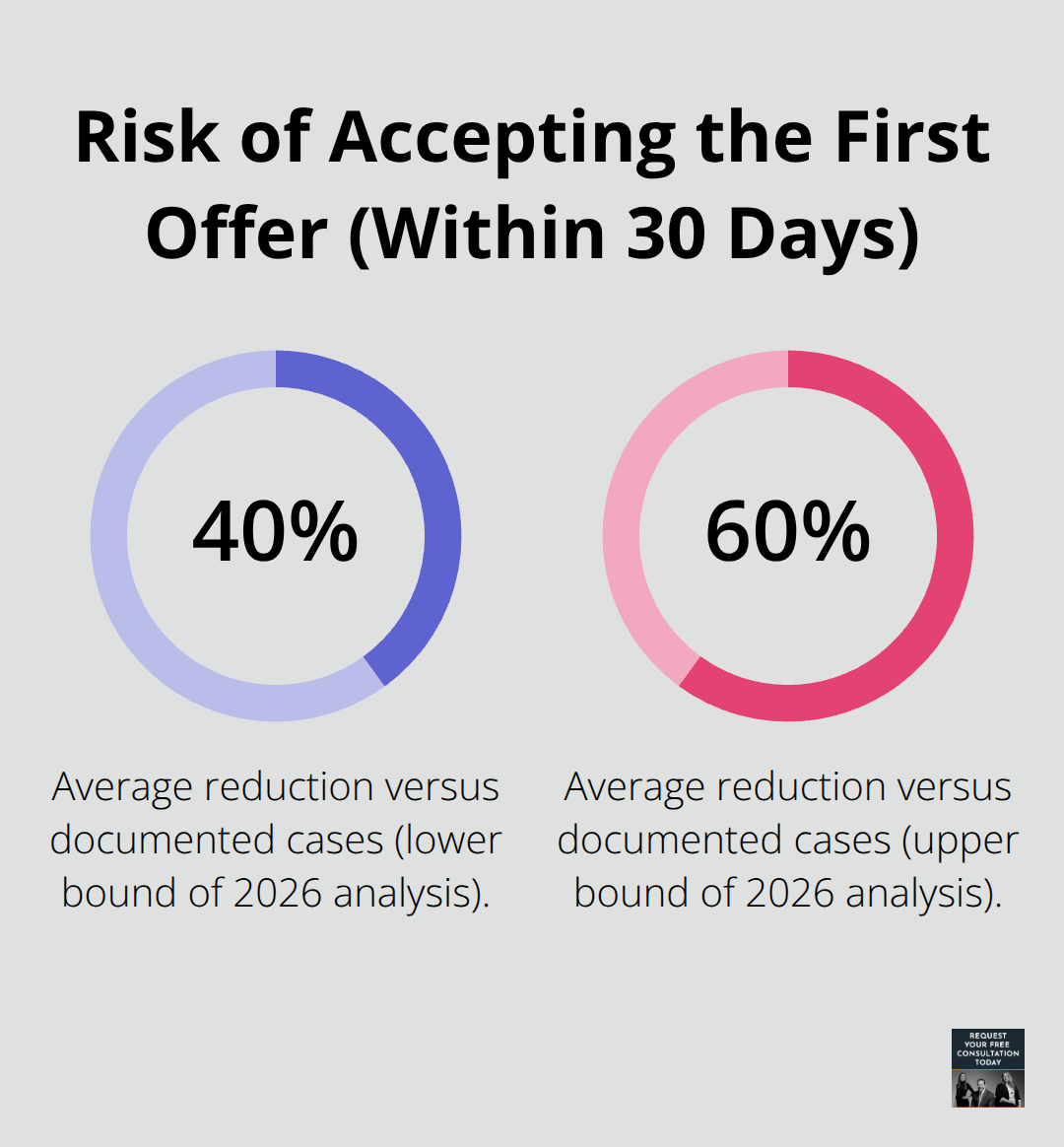 Chart showing how accepting the first settlement offer within 30 days can reduce recovery by 40% to 60%.