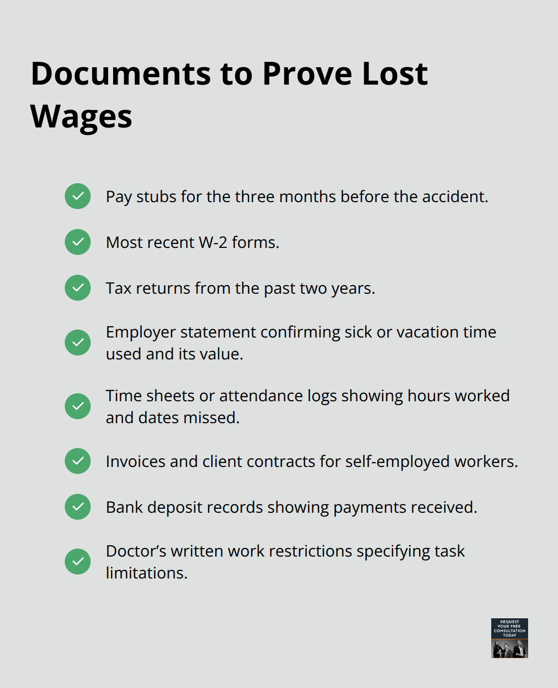Checklist of documents to substantiate a wage-loss claim after an accident in the United States. - Lost wages accident