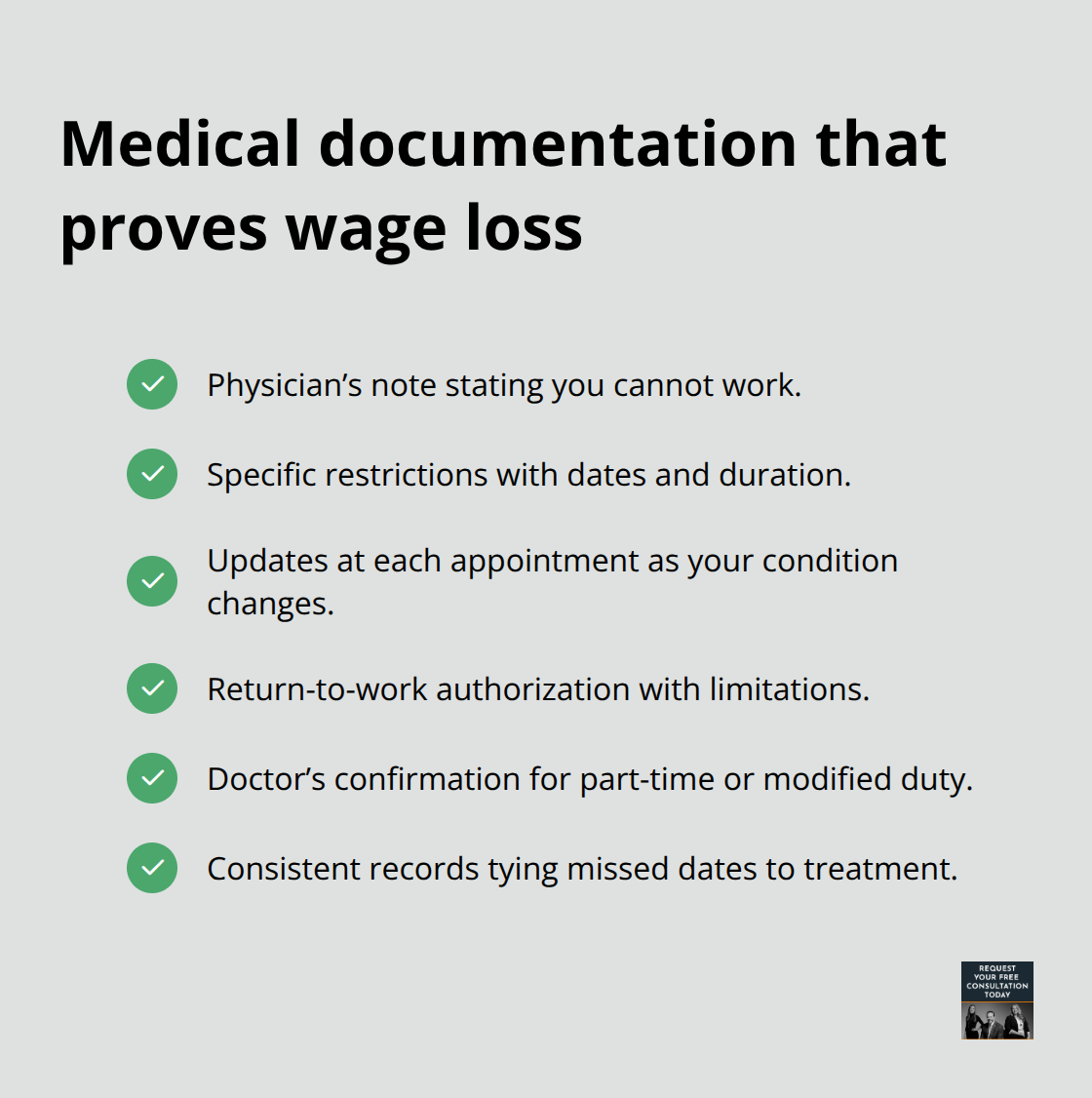 Checklist of medical records needed to link injury to missed work