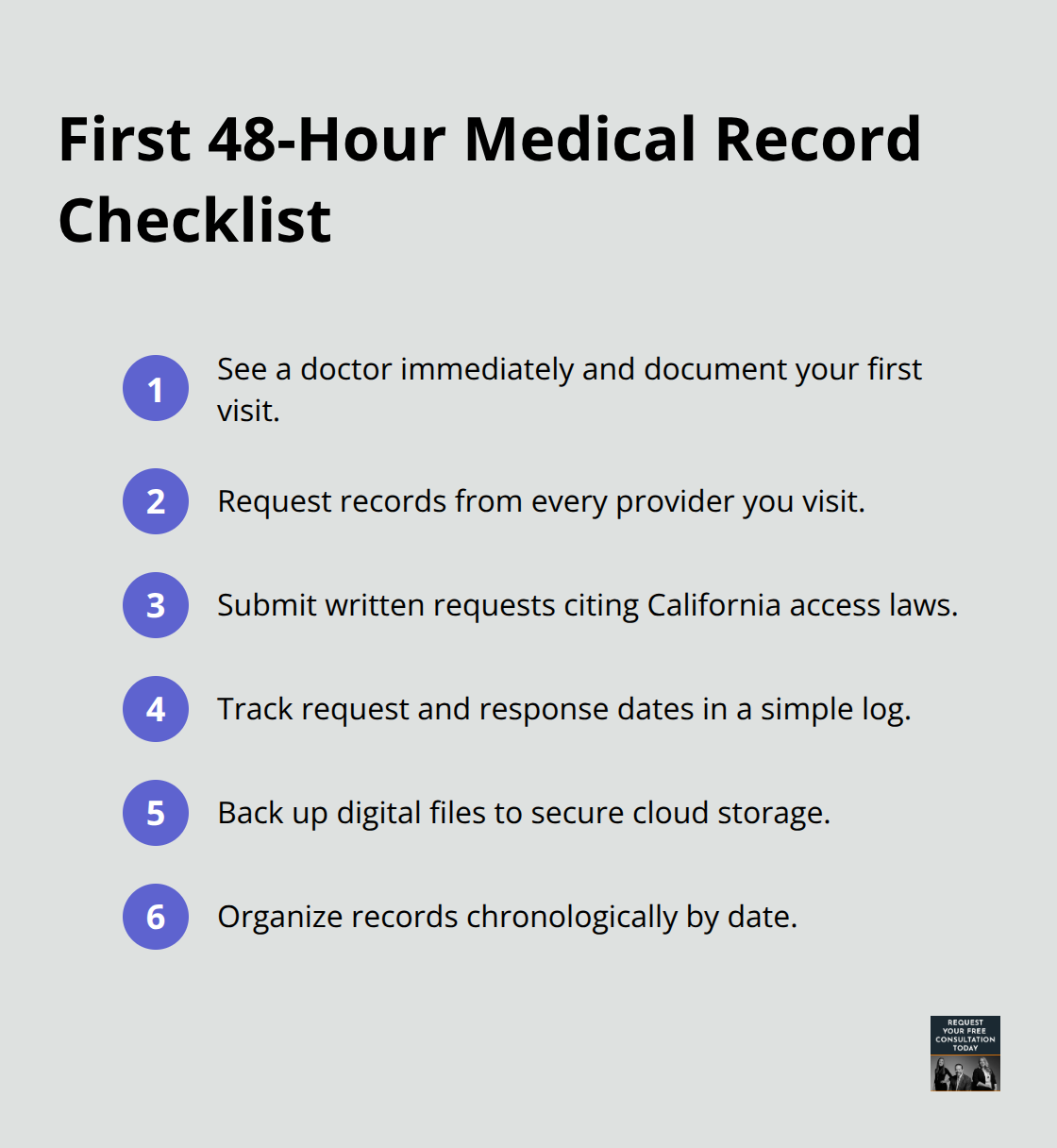 Compact checklist of immediate steps to secure and organize medical records after an accident. - Medical documentation injury