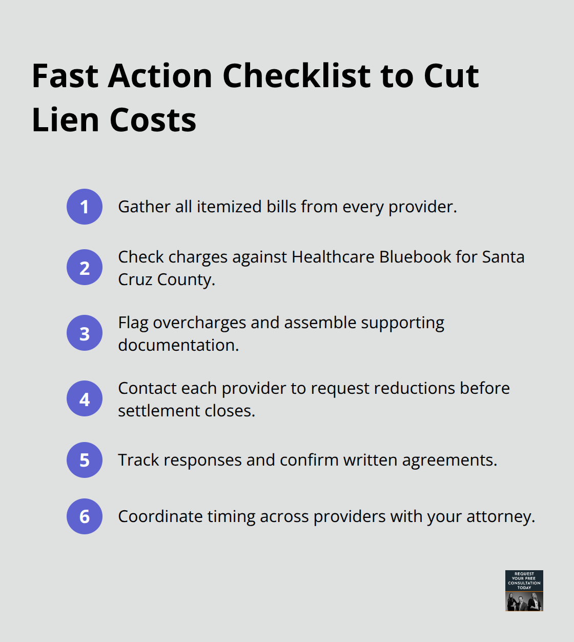 Compact checklist of actions to reduce medical lien charges in Santa Cruz auto cases - medical lien santa cruz