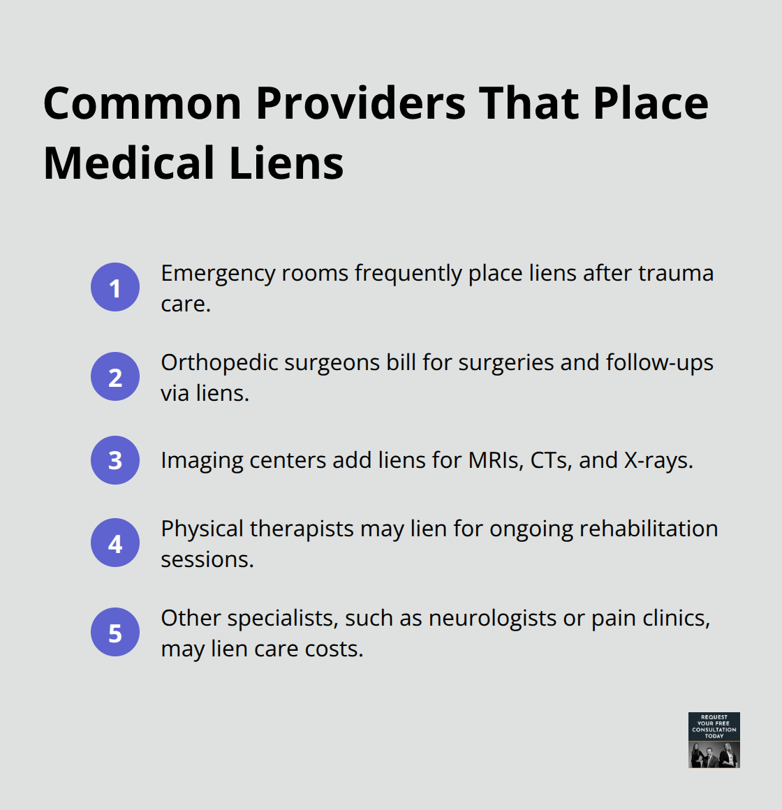 List of common healthcare providers that may place liens on auto injury settlements - Medical lien services California