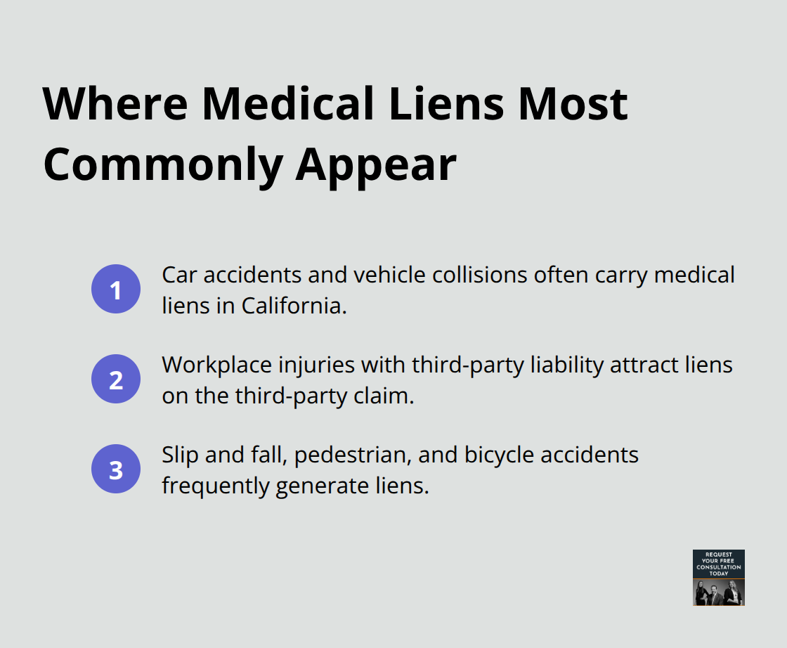 Compact list highlighting common scenarios that generate medical liens in California.