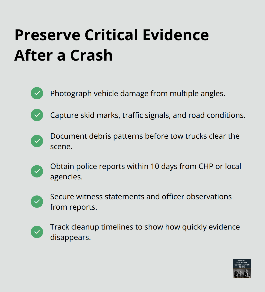 Checklist of immediate evidence steps to strengthen a car accident injury claim. - multiple injury car accident settlement