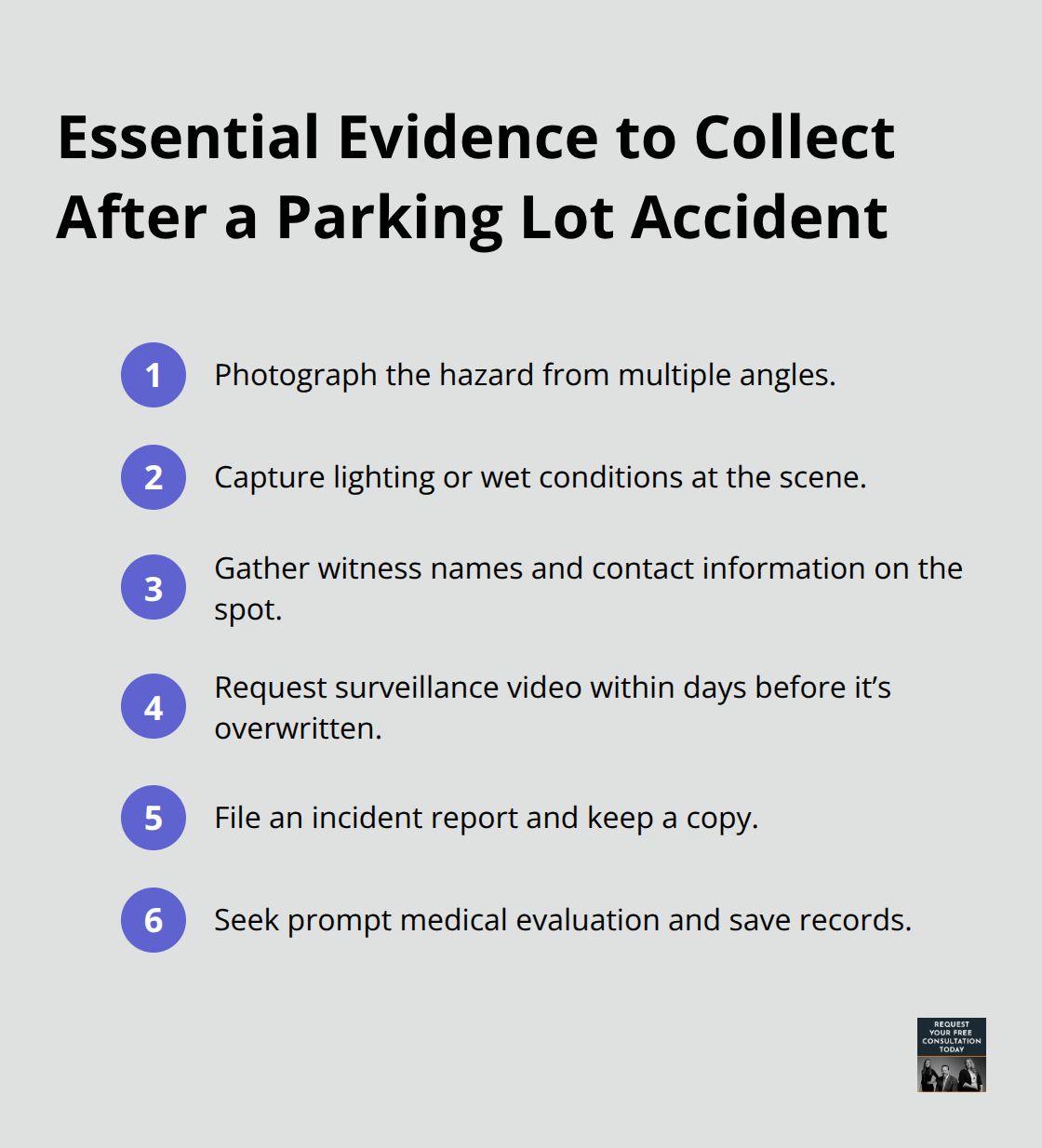 Compact checklist of the key evidence items to gather after a parking lot incident. - Negligent security accident