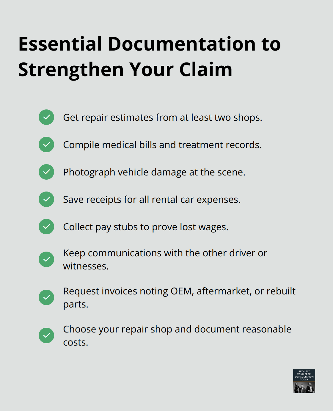 Checklist of documents to gather for a stronger auto insurance settlement negotiation.