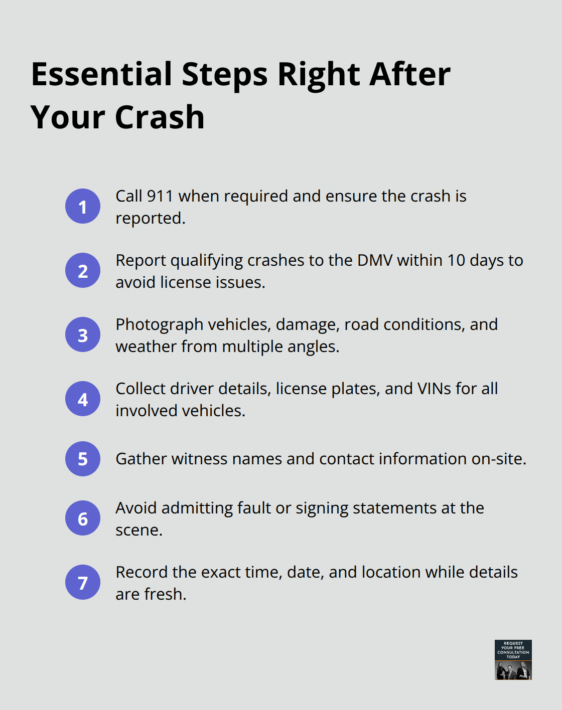 Quick checklist of immediate actions to protect your health and claim - non incapacitating injury crash