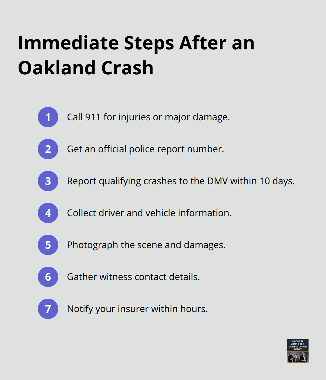 Compact checklist of urgent actions to take right after a car accident in Oakland