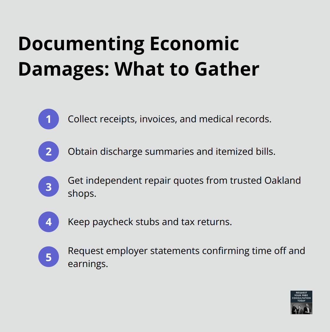 Compact checklist of key documents to prove economic damages after an Oakland car accident.