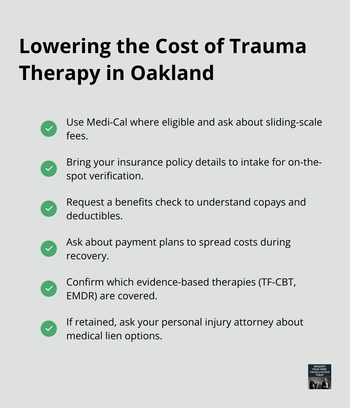 Checklist of ways to reduce out-of-pocket mental health costs after a crash - oakland emotional support