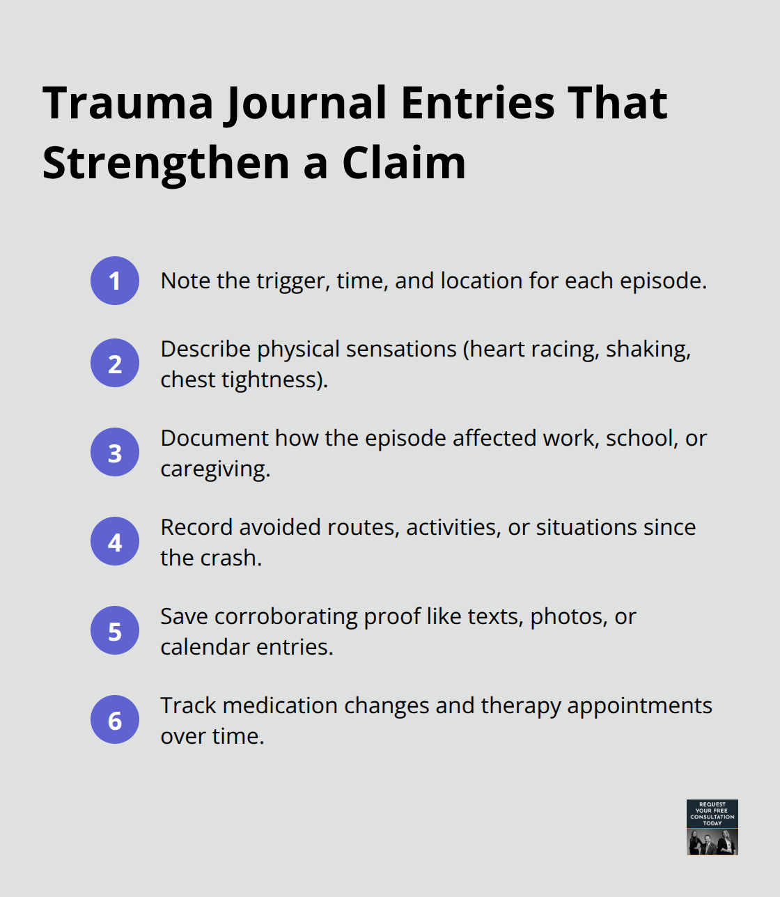 Compact checklist of details to record in a post-crash trauma journal - oakland emotional support