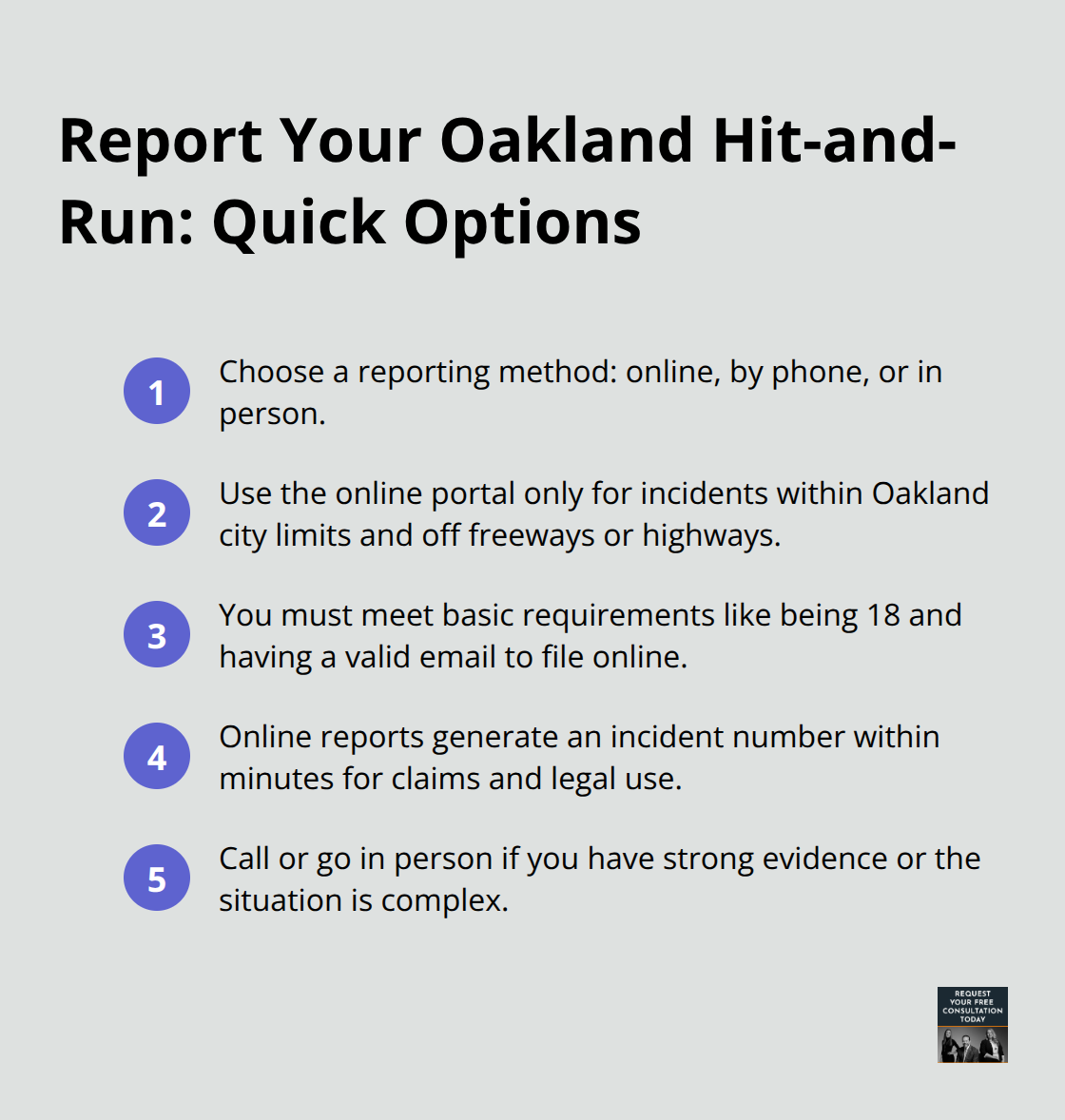 Compact list of reporting methods and online eligibility for Oakland hit-and-run reports - oakland hit and run