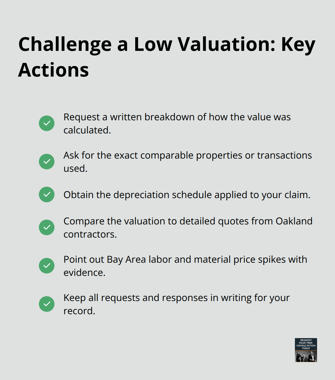 Checkmarked list of actions to demand transparency and compare to Oakland-specific costs - oakland property damage