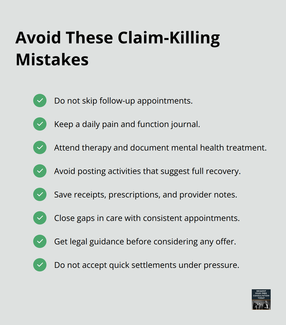 Checklist of common pitfalls that reduce pain and suffering compensation after a crash
