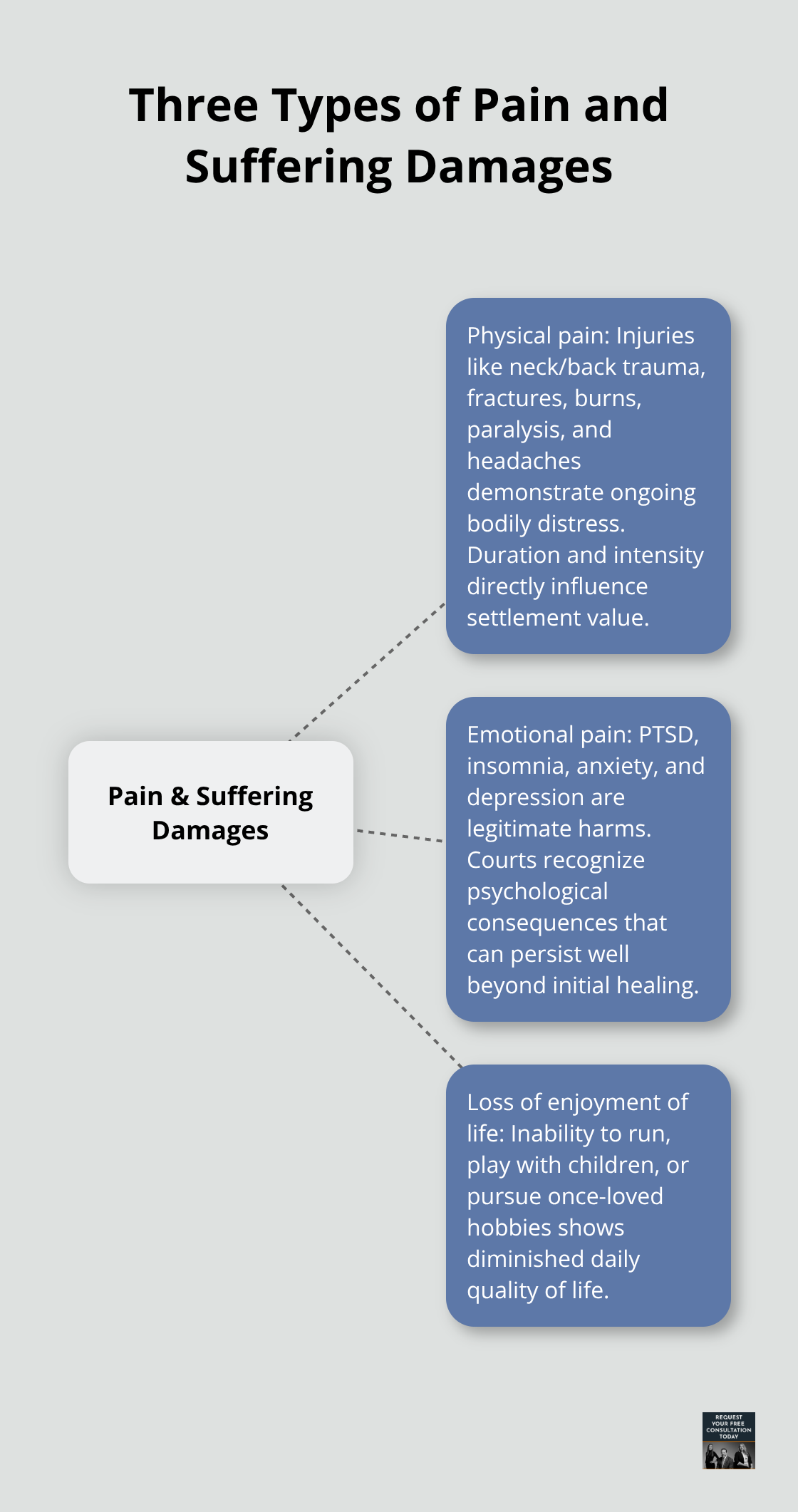 Infographic showing three categories of pain and suffering: physical pain, emotional pain, and loss of enjoyment of life.