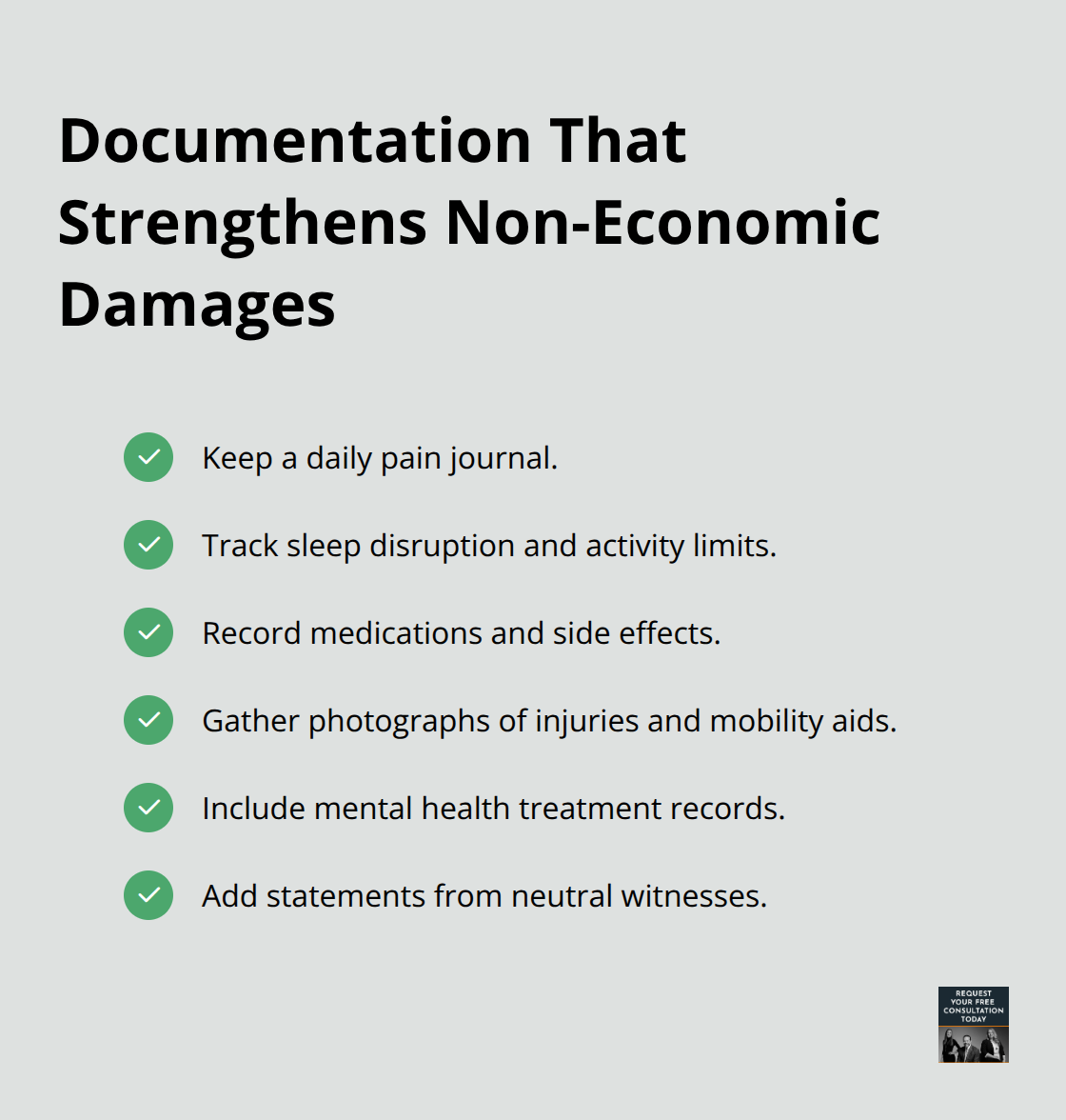 Checklist of evidence types that strengthen pain and suffering claims. - pain and suffering settlement