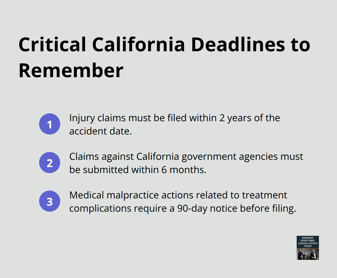Compact list of key deadlines for California car accident and related claims