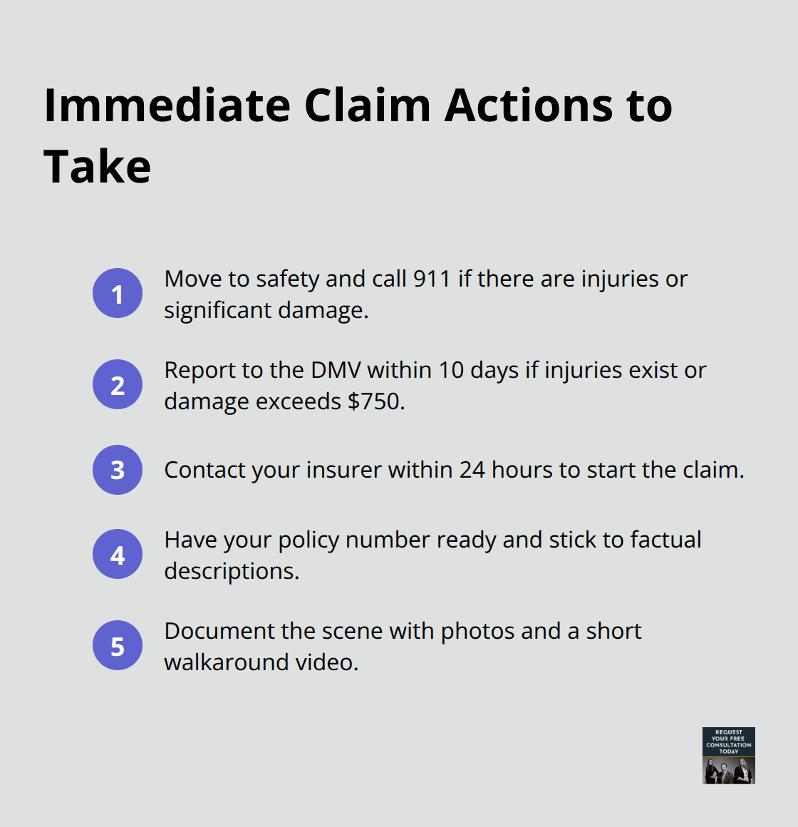 Quick checklist of immediate steps to protect your property damage claim after a crash. - Property damage claims process