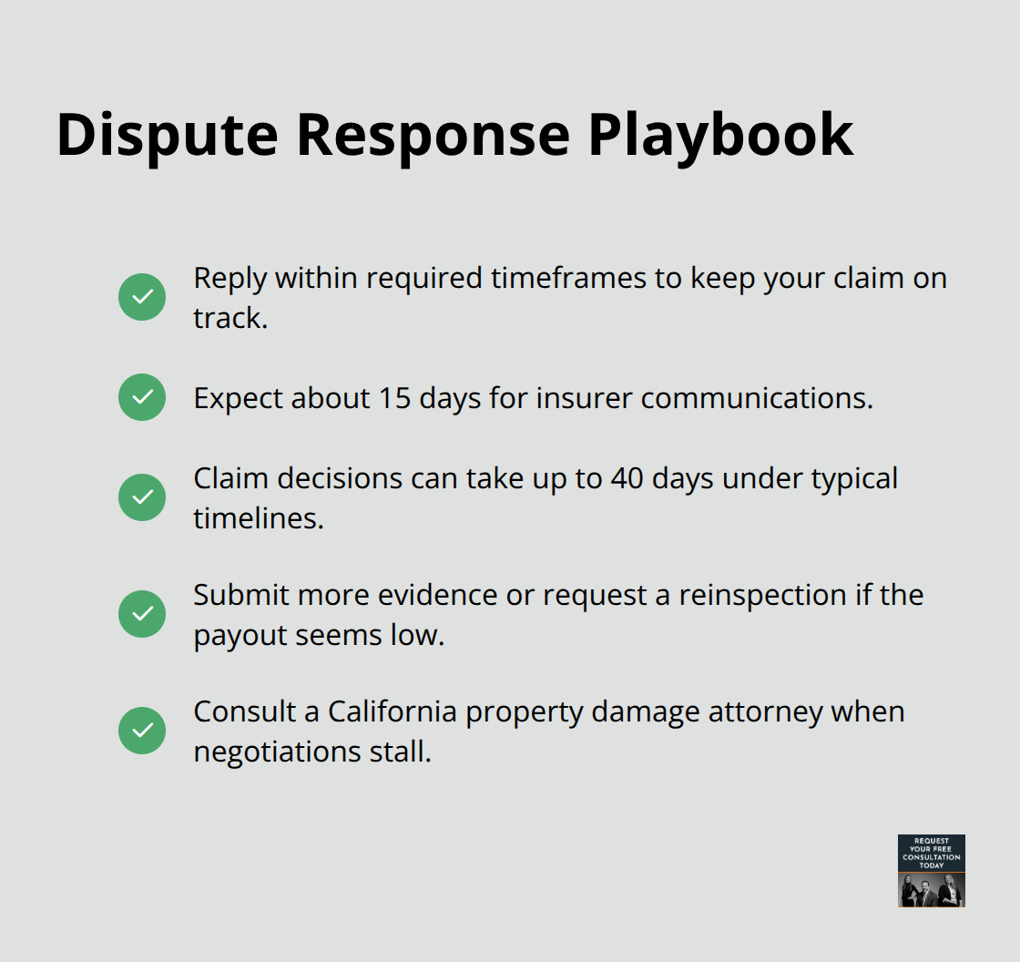 Checklist of timelines and options when disputing a property damage payout.