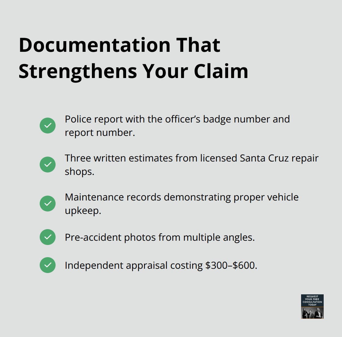 Checkmark list of documents that increase negotiating power in Santa Cruz property damage claims. - Property damage claims Santa Cruz