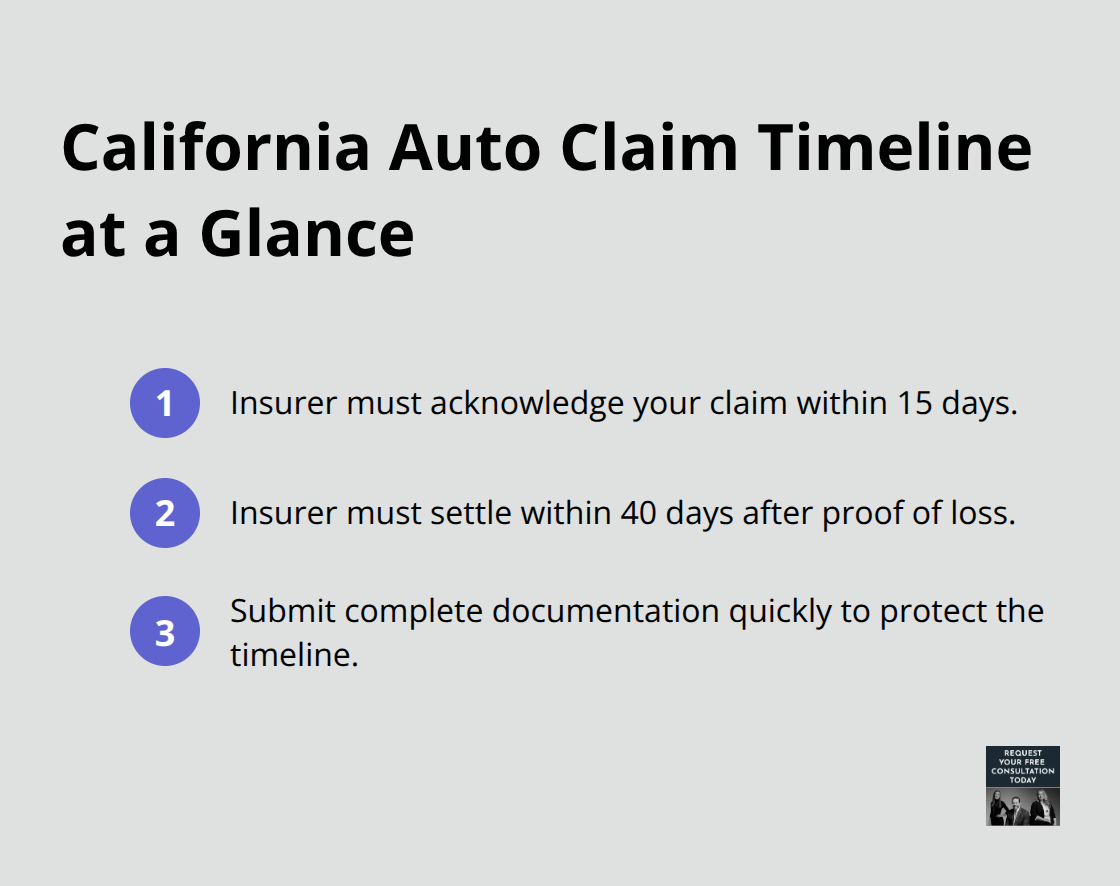 Compact list summarizing California insurance claim deadlines and timing tips. - Property damage Santa Cruz