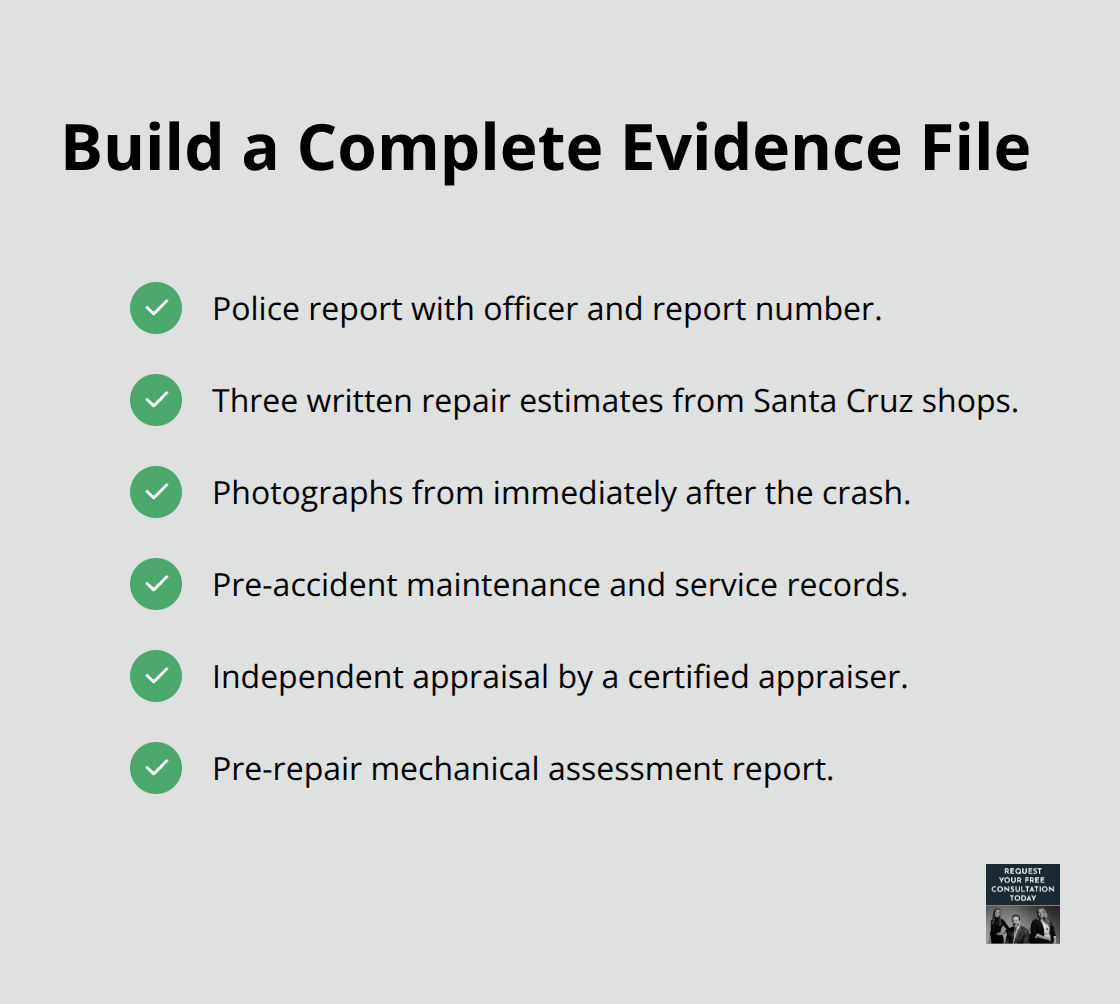 Checklist of documents to include in a vehicle damage claim evidence file.