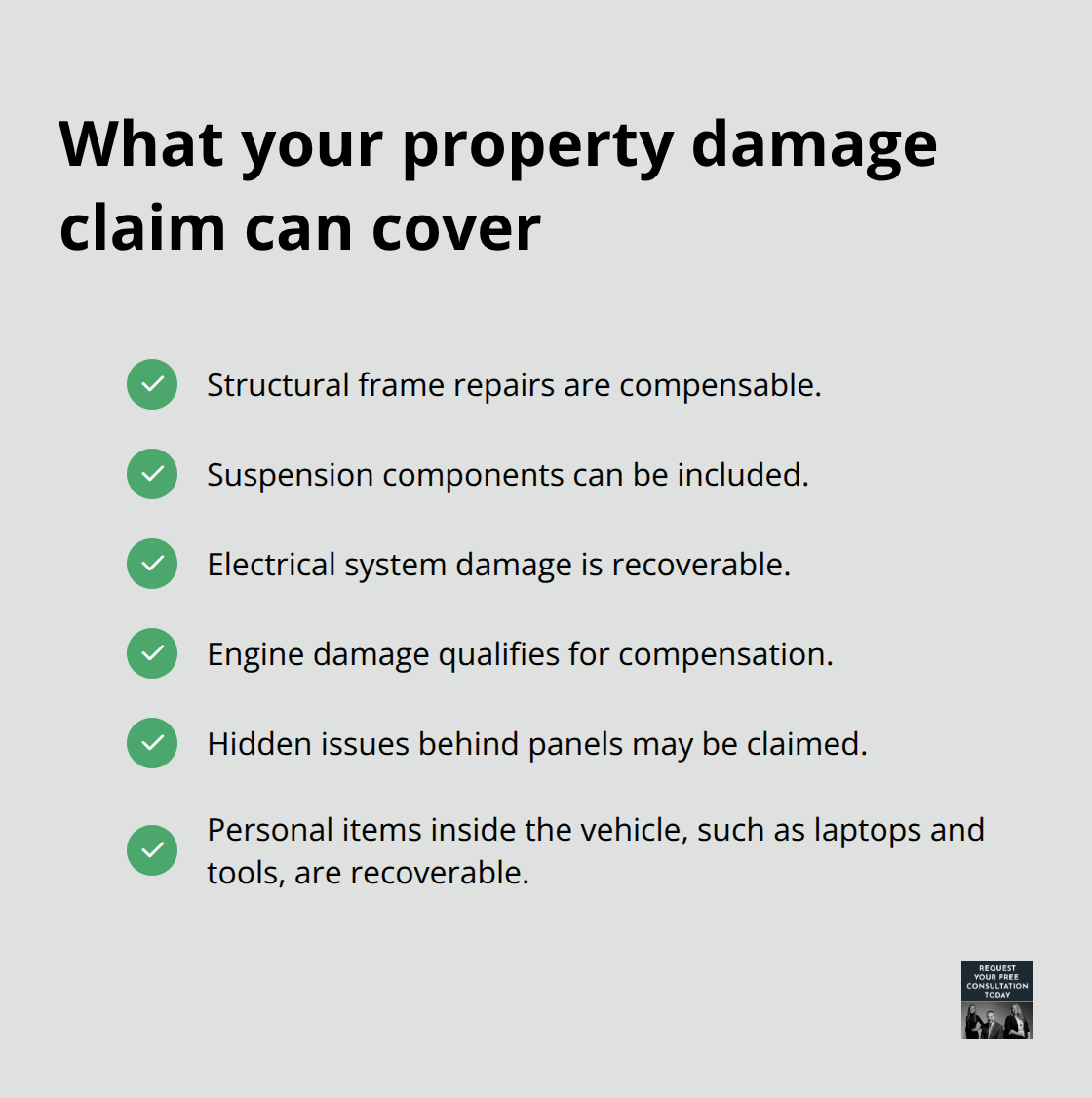Checklist of vehicle and personal property items commonly recoverable in a Santa Cruz County property damage claim