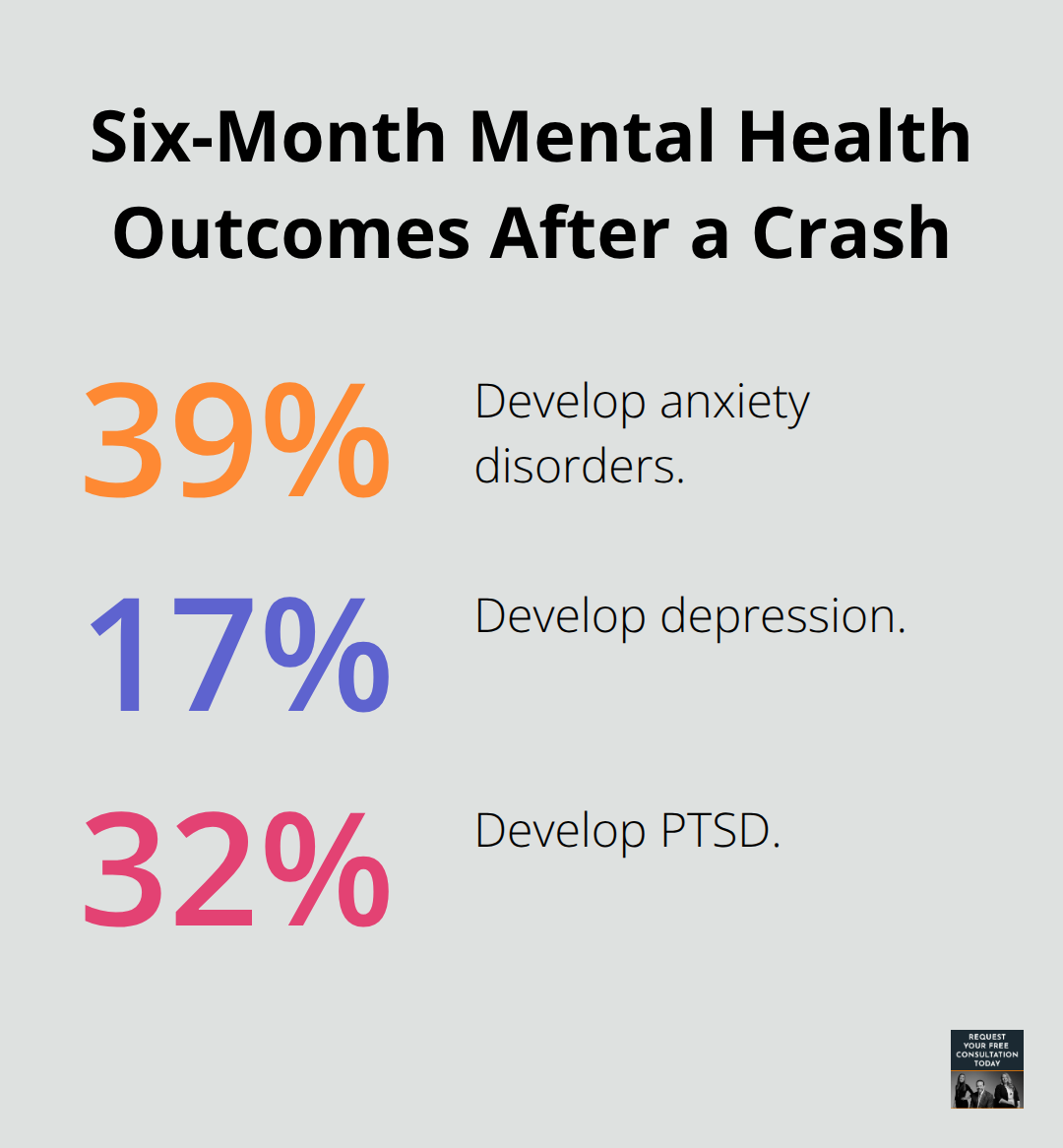 Percentages of anxiety, depression, and PTSD six months after a crash