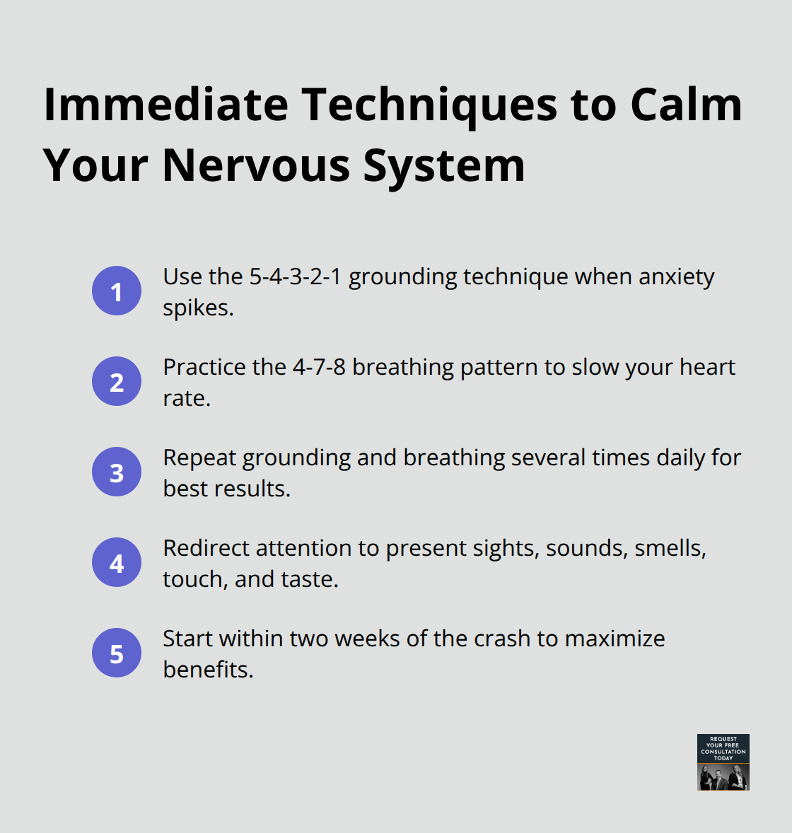 Compact list of quick grounding and breathing strategies to reduce post-crash anxiety - Psychological trauma Santa Cruz