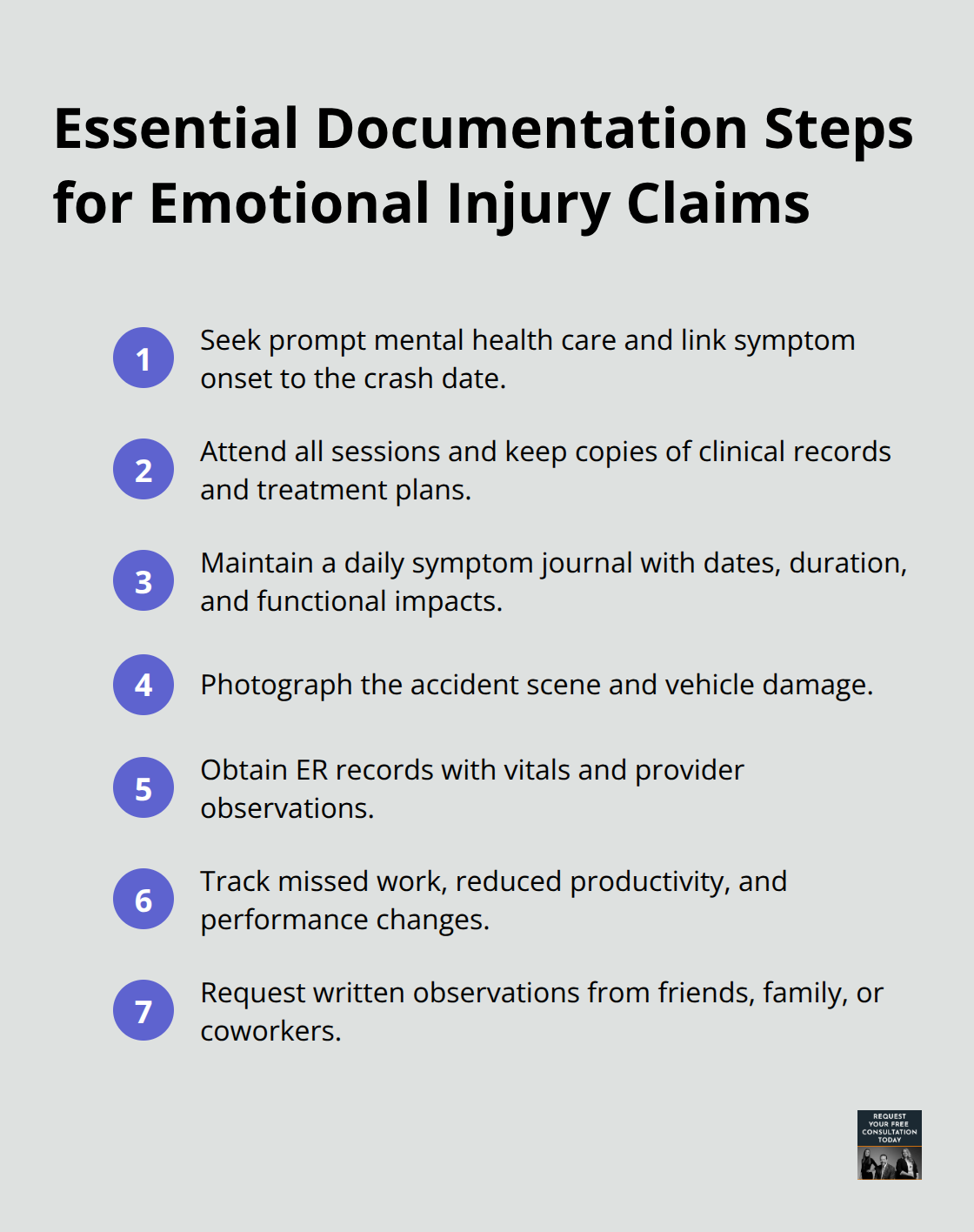 Compact checklist of key documentation steps to strengthen an emotional distress claim after a crash.