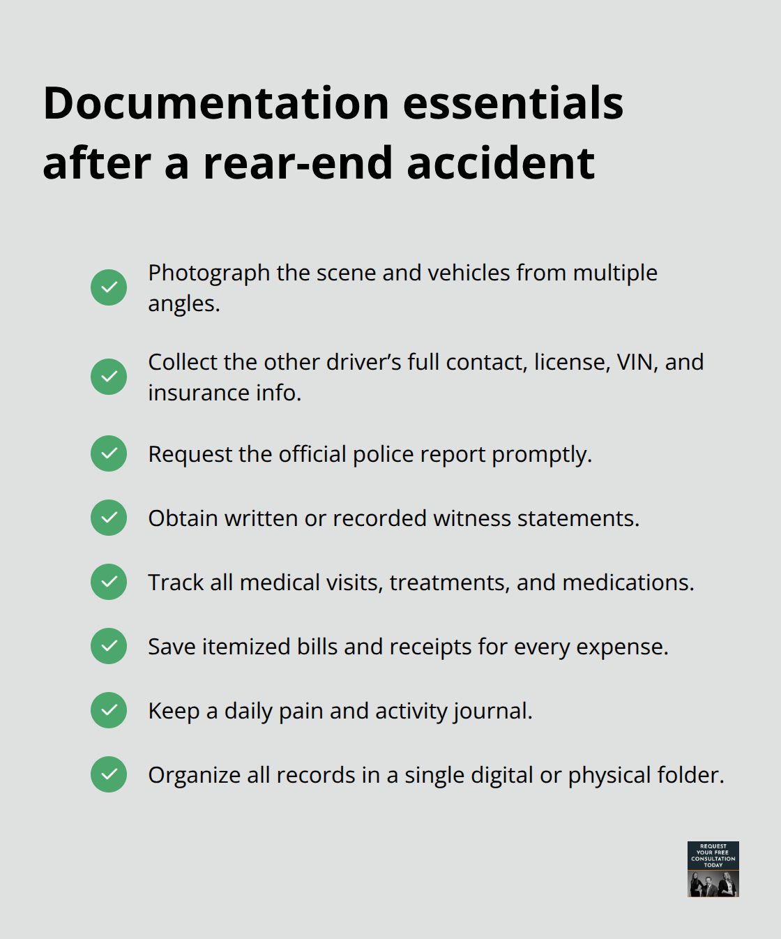 Checklist of key documentation steps after a rear-end collision in the United States - rear end auto accident settlement