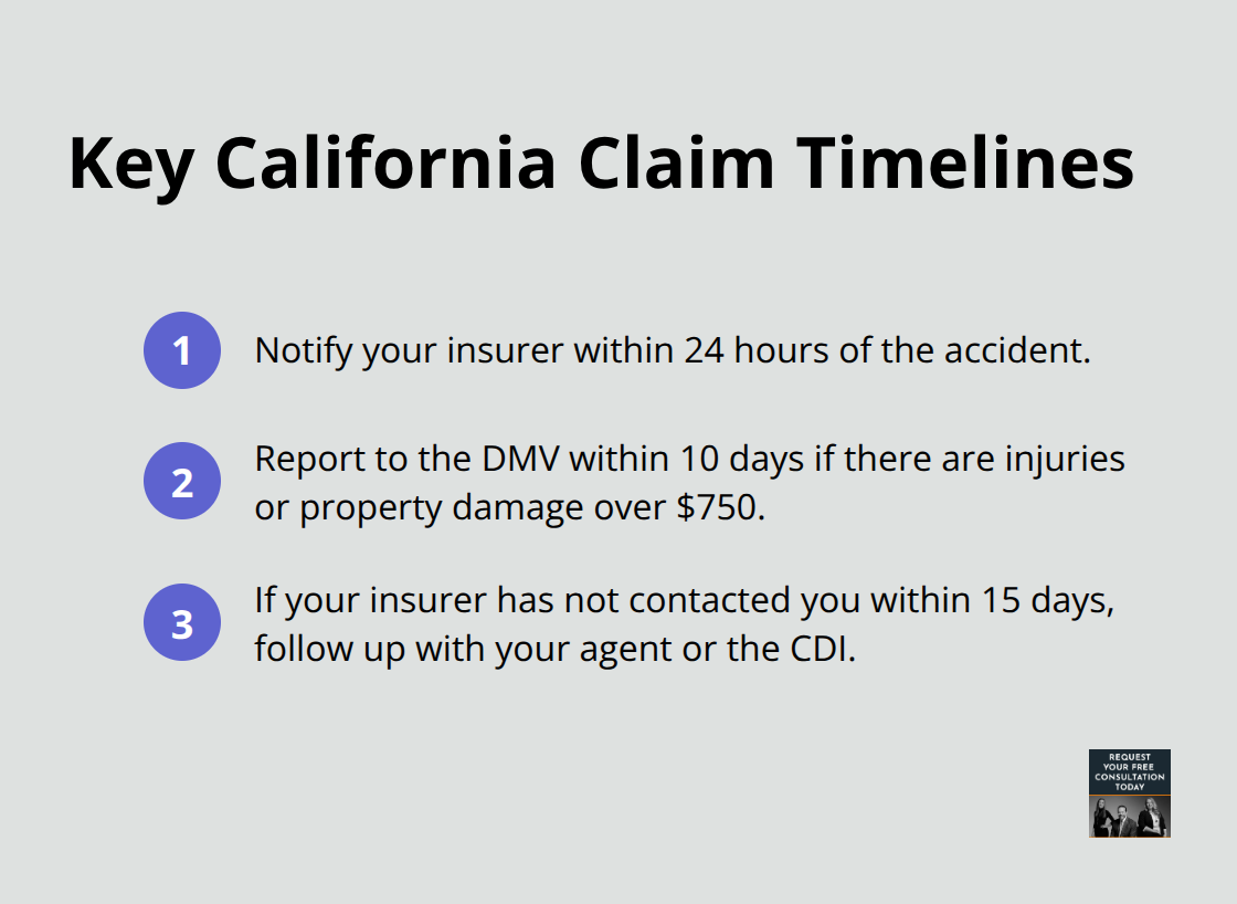 Ordered list of key claim timelines after a rear-end collision in California - rear end collision guide