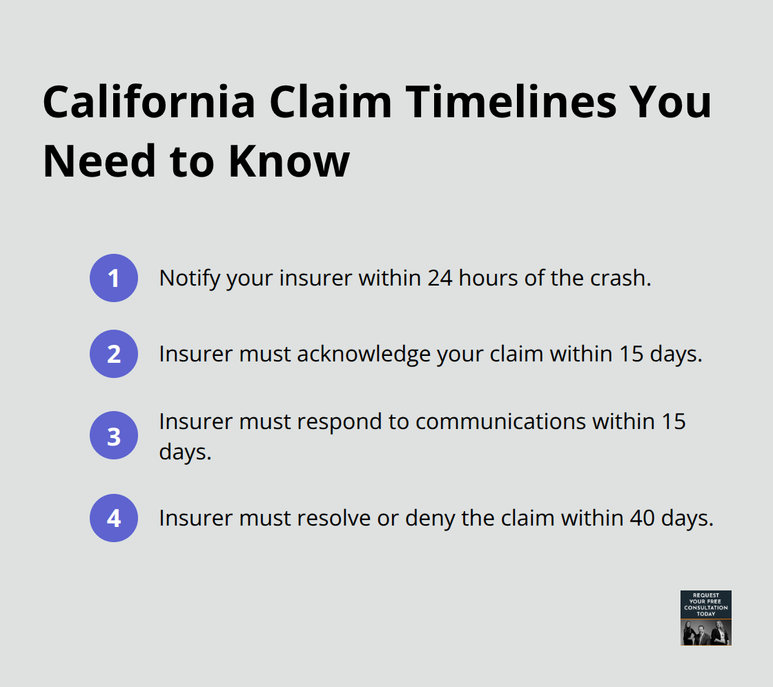 Compact checklist of California insurance claim deadlines and the 24-hour notify step. - Rear end collision