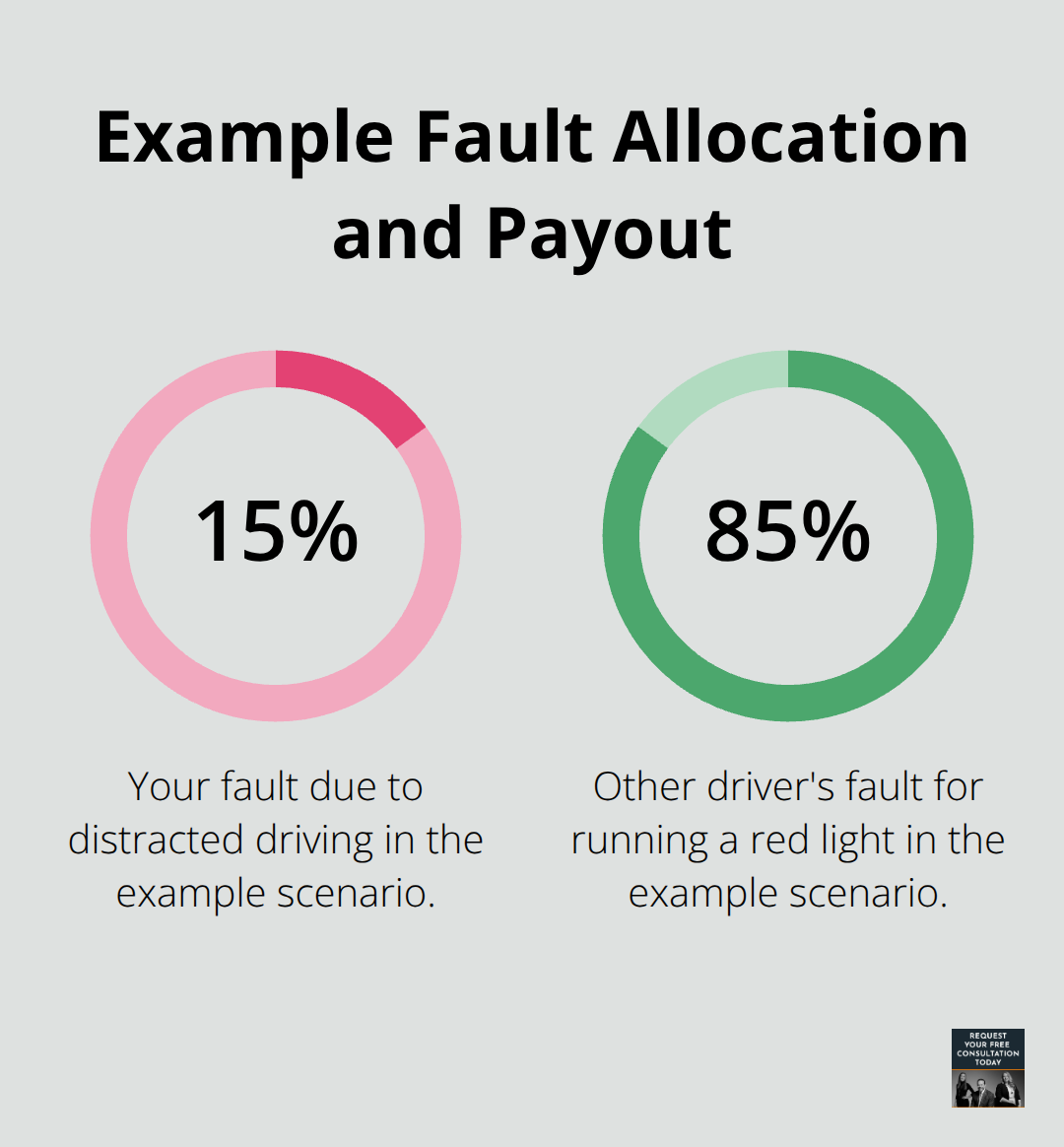 Percentage split showing 15% fault for you and 85% for the other driver with resulting payout