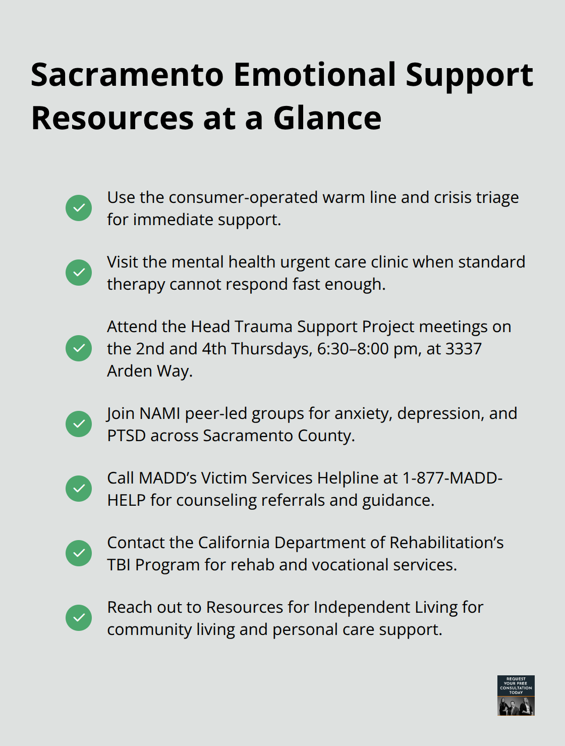 Checklist of Sacramento area emotional support resources for car crash survivors