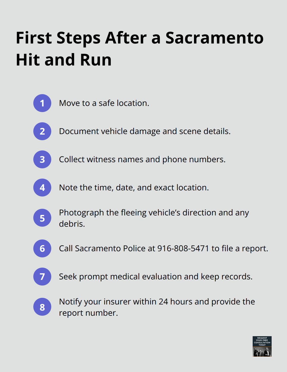 Compact checklist of immediate actions to take after a Sacramento hit and run