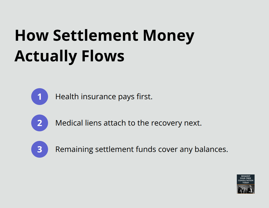 Three-step flow of settlement payments: insurance first, then liens, then remaining funds