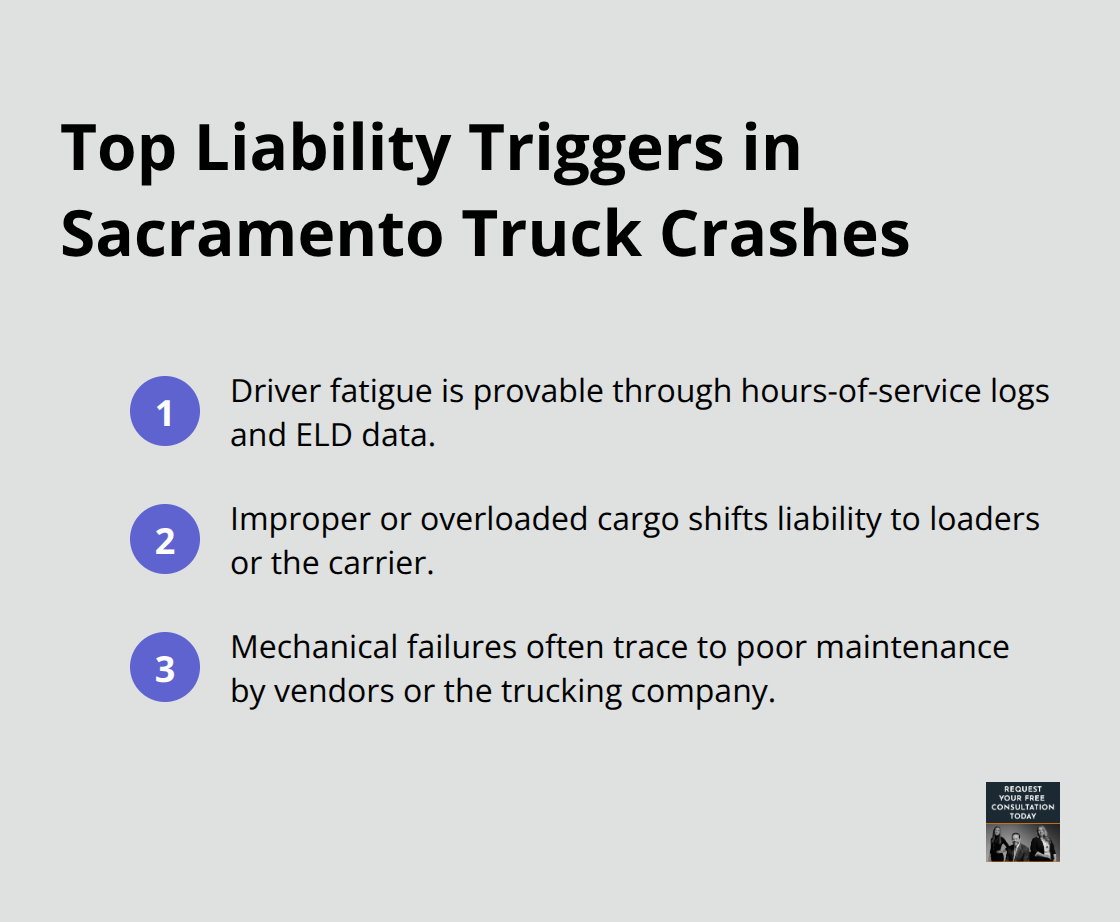 Three leading liability triggers in Sacramento truck crashes with concise explanations.